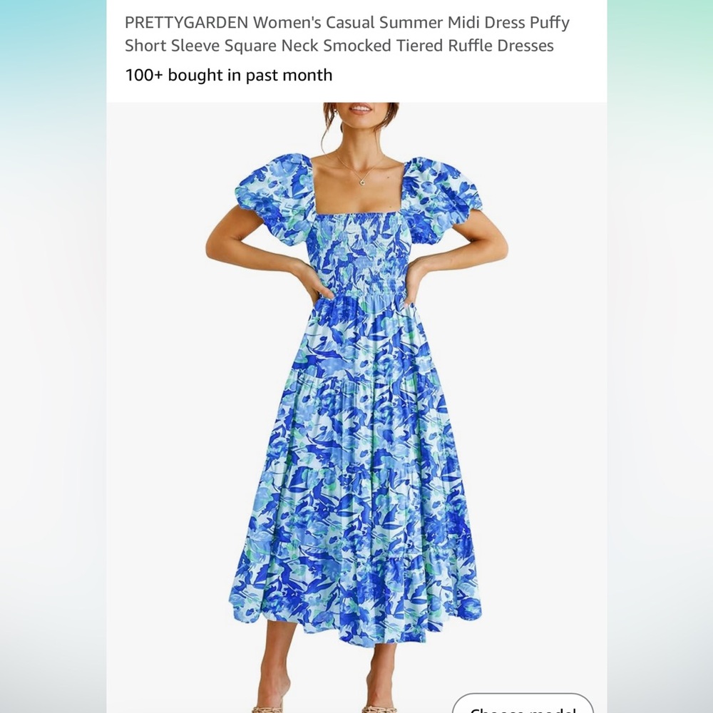 Blue floral puffy sleeve dress.